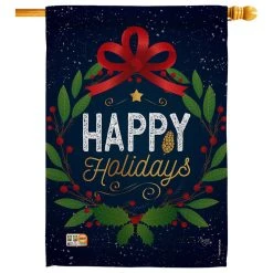Breeze Decor Happy Holidays Wreath Winter Decorative Vertical Double Sided House Flag