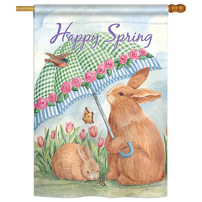 Breeze Decor Bunnies With Umbrella, Decorative Vertical House Flag 28"x40" 3 Breeze Decor Bunnies With Umbrella, Decorative Vertical House Flag 28"x40"