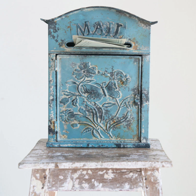 CREATIVE CO-OP Embossed Tin Post Box, Distressed Finish, Blue 4 CREATIVE CO-OP Embossed Tin Post Box, Distressed Finish, Blue - Image 2