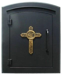 QualArc Manchester Non-Locking Column Mount Mailbox With "Decorative Cross Logo", Black