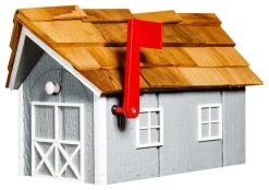 FBUSA Cedar Shake Roof Standard Wood Mailbox, Light Gray/White
