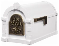 Gaines Keystone Series Curbside Mailbox, White And Antique Bronze, Fleur-De-Lis