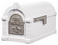 Gaines Keystone Series Curbside Mailbox, White And Satin Nickel, Fleur-De-Lis