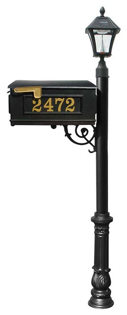 QualArc Mailbox Post W/Number, Brace, Ornate Base And Bayview Solar Lamp, Black 3 QualArc Mailbox Post W/Number, Brace, Ornate Base And Bayview Solar Lamp, Black
