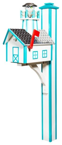 FBUSA Diamond Plate Roof Deluxe Mailbox With Lighthouse And Post, White/Aruba Blue