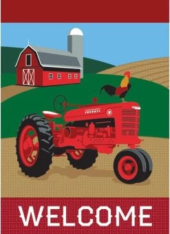 Dicksons Double Applique Tractor Welcome Burlap Garden Flag